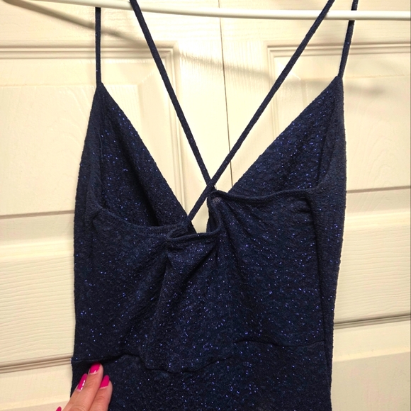 Navy Sparkle Evening Gown, High Slit - Picture 6 of 9